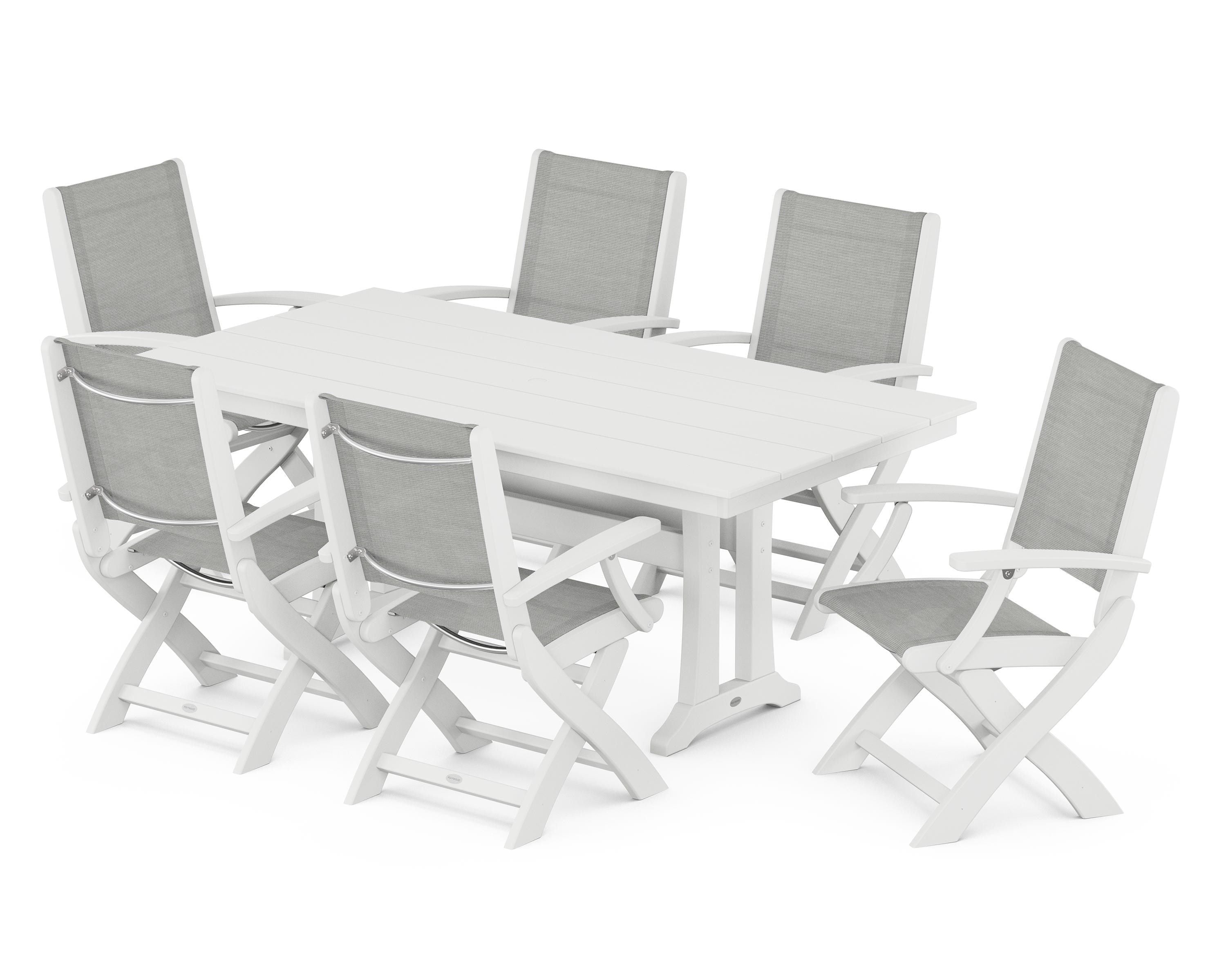 POLYWOOD® Coastal Folding Arm Chair 7-Piece Farmhouse Dining Set with Trestle Legs in White / Metallic Sling