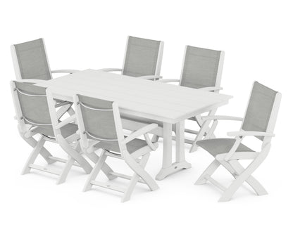 POLYWOOD® Coastal Folding Arm Chair 7-Piece Farmhouse Dining Set with Trestle Legs in White / Metallic Sling