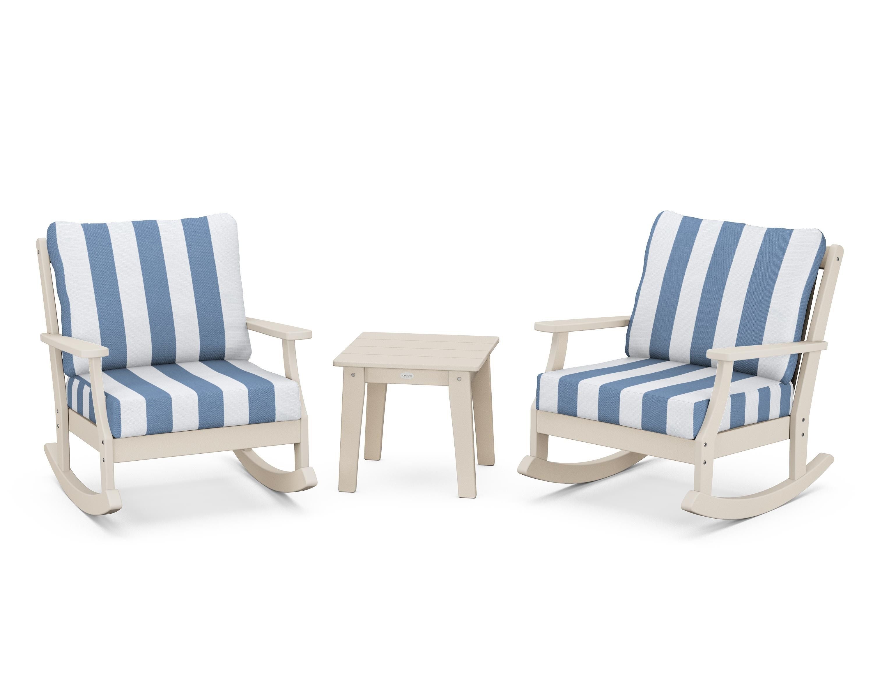 POLYWOOD® Braxton 3-Piece Deep Seating Rocker Set in Sand / Cabana Stripe Sky Blue
