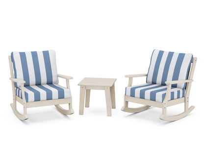 POLYWOOD® Braxton 3-Piece Deep Seating Rocker Set in Sand / Cabana Stripe Sky Blue