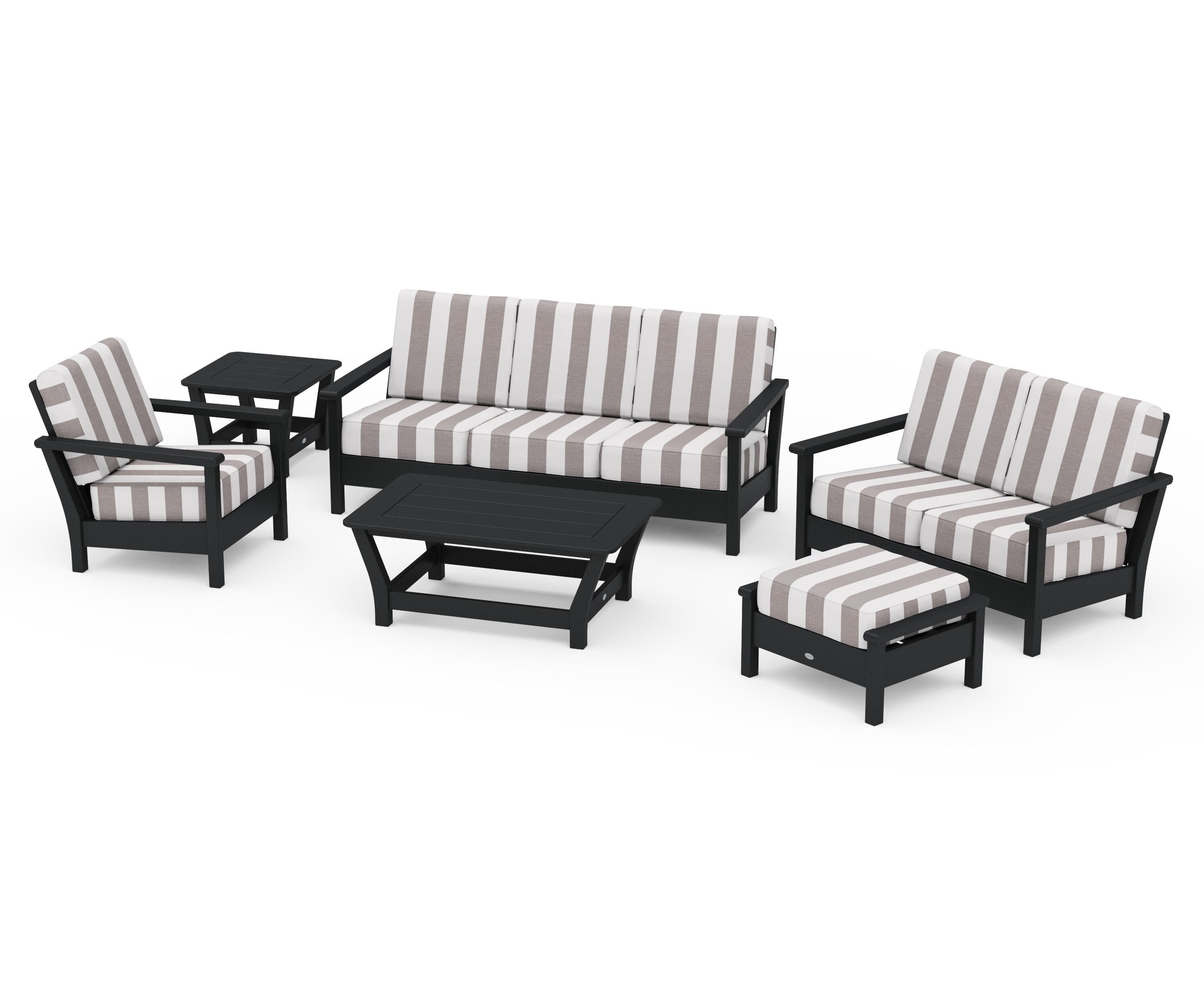 POLYWOOD® Harbour 6-Piece Outdoor Living Set in Black / Cabana Stripe Grey Mist