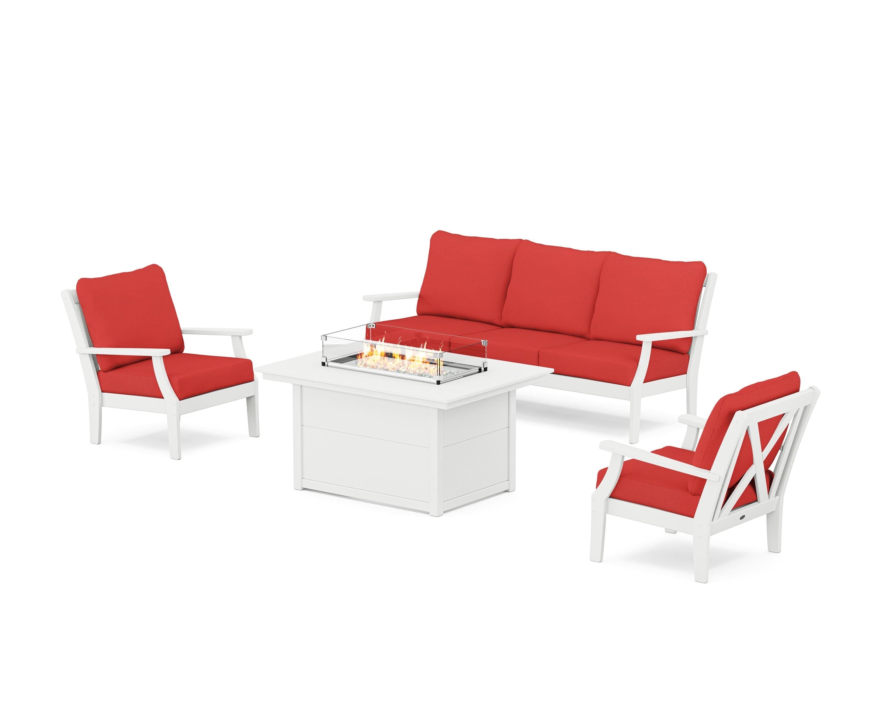 POLYWOOD® Braxton Deep Seating Fire Pit Table Set in White / Crimson Linen