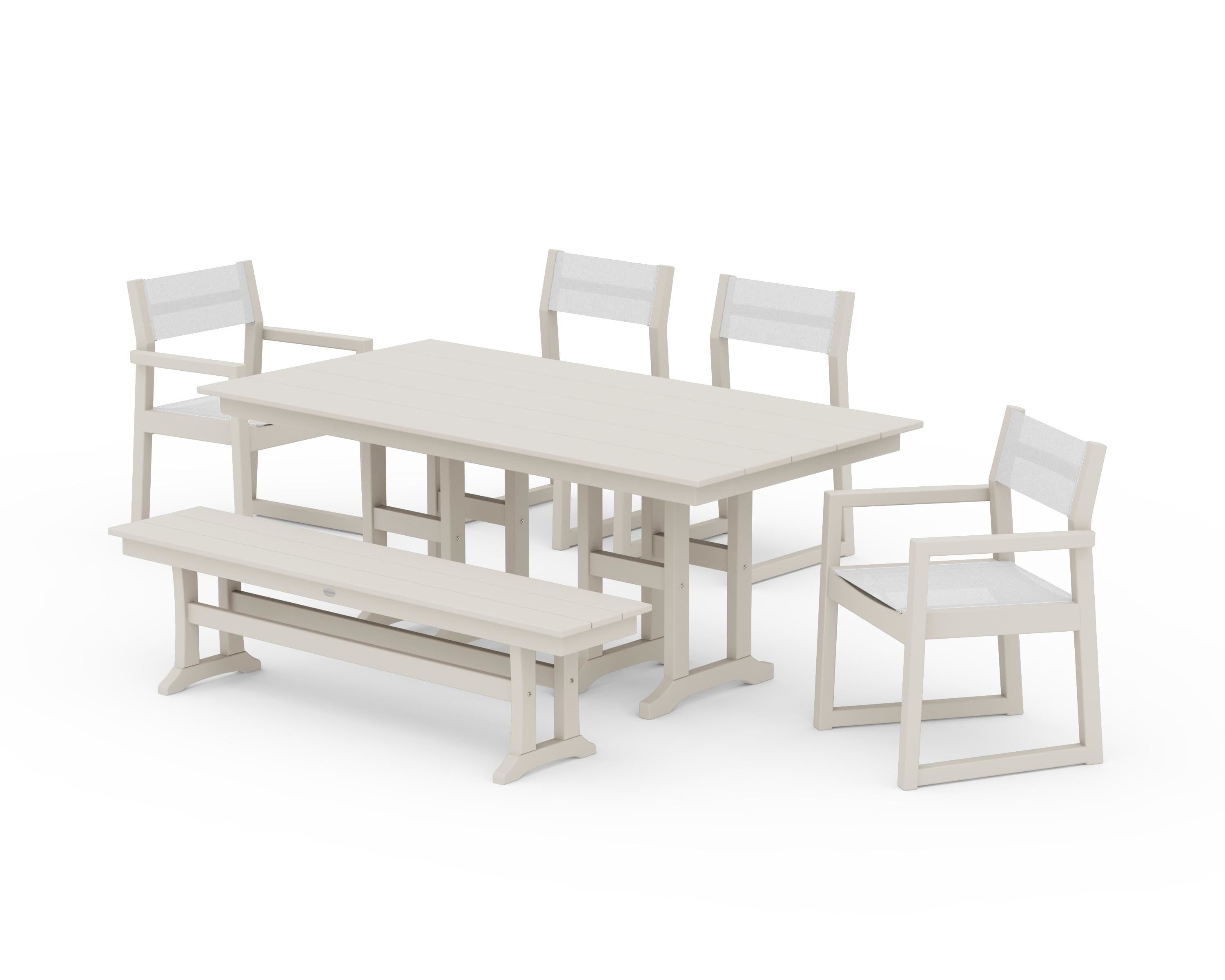 POLYWOOD® EDGE Sling 6-Piece Farmhouse Dining Set in Sand / White Sling