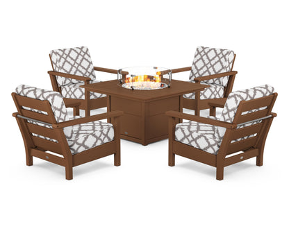 POLYWOOD® Harbour 5-Piece Conversation Set with Fire Pit Table in Teak / Trellis Grey Mist