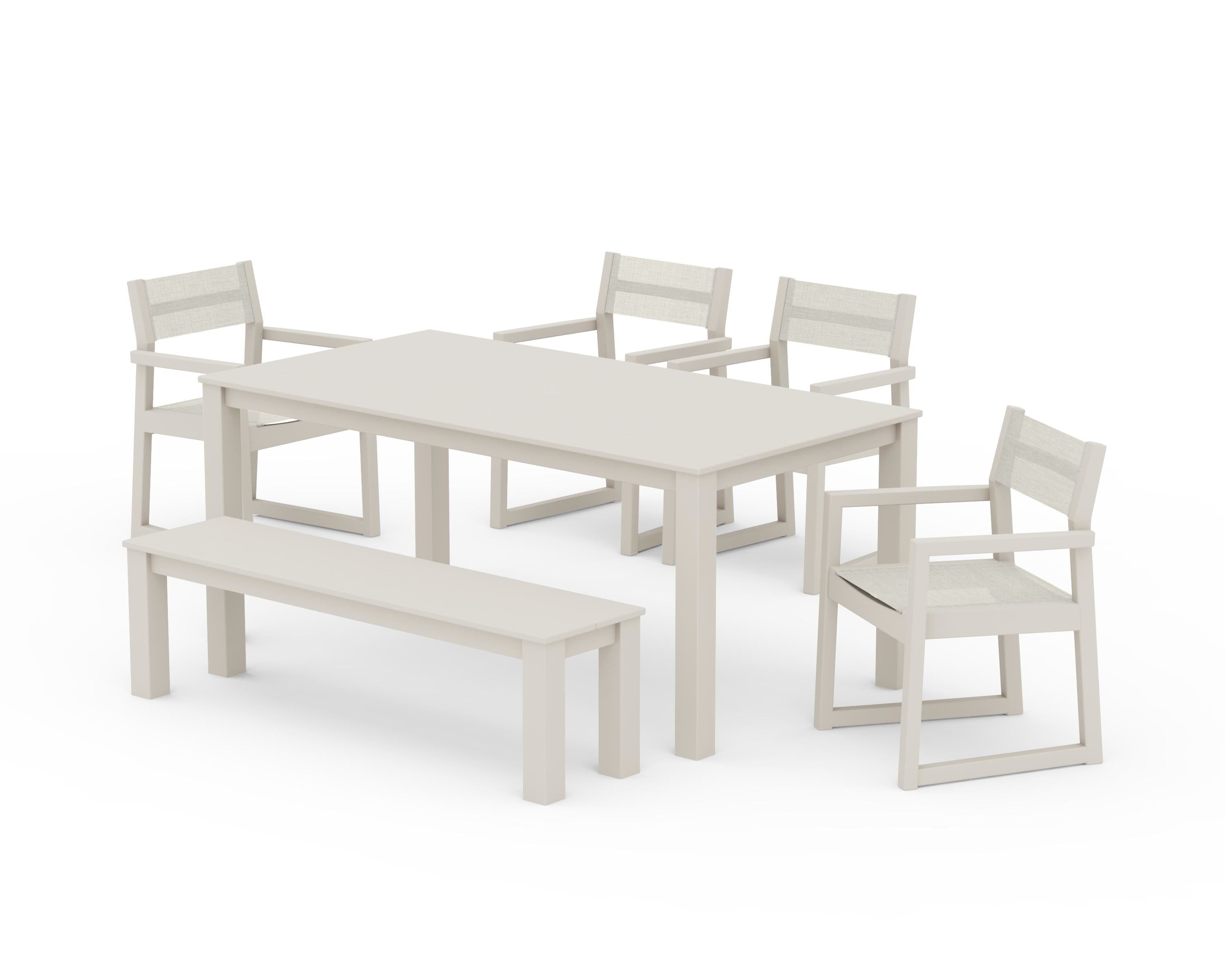 POLYWOOD® EDGE Sling Arm Chair 6-Piece Parsons Dining Set with Bench in Sand / Parchment Sling