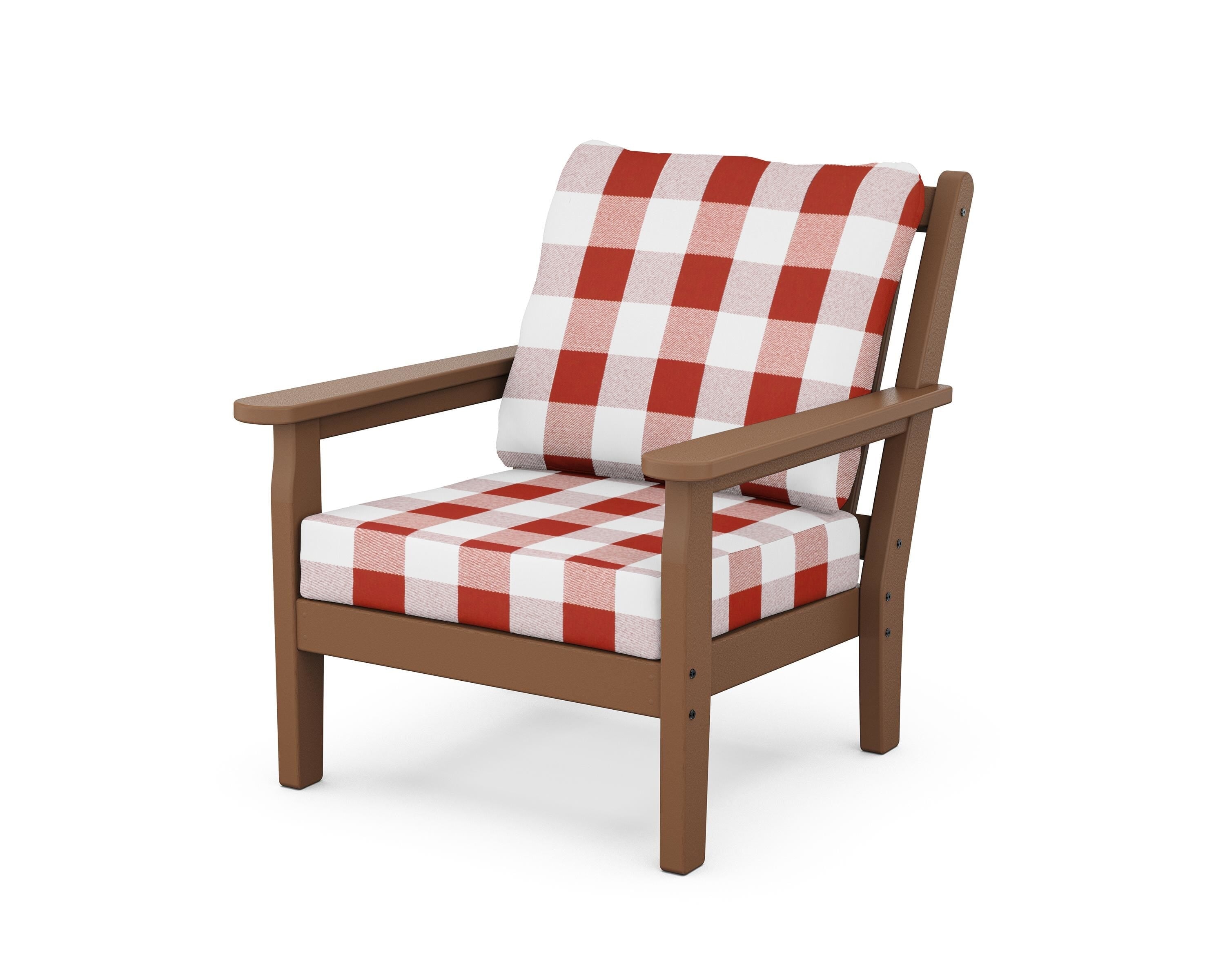 POLYWOOD® Chippendale Deep Seating Chair in Teak / Buffalo Plaid Crimson