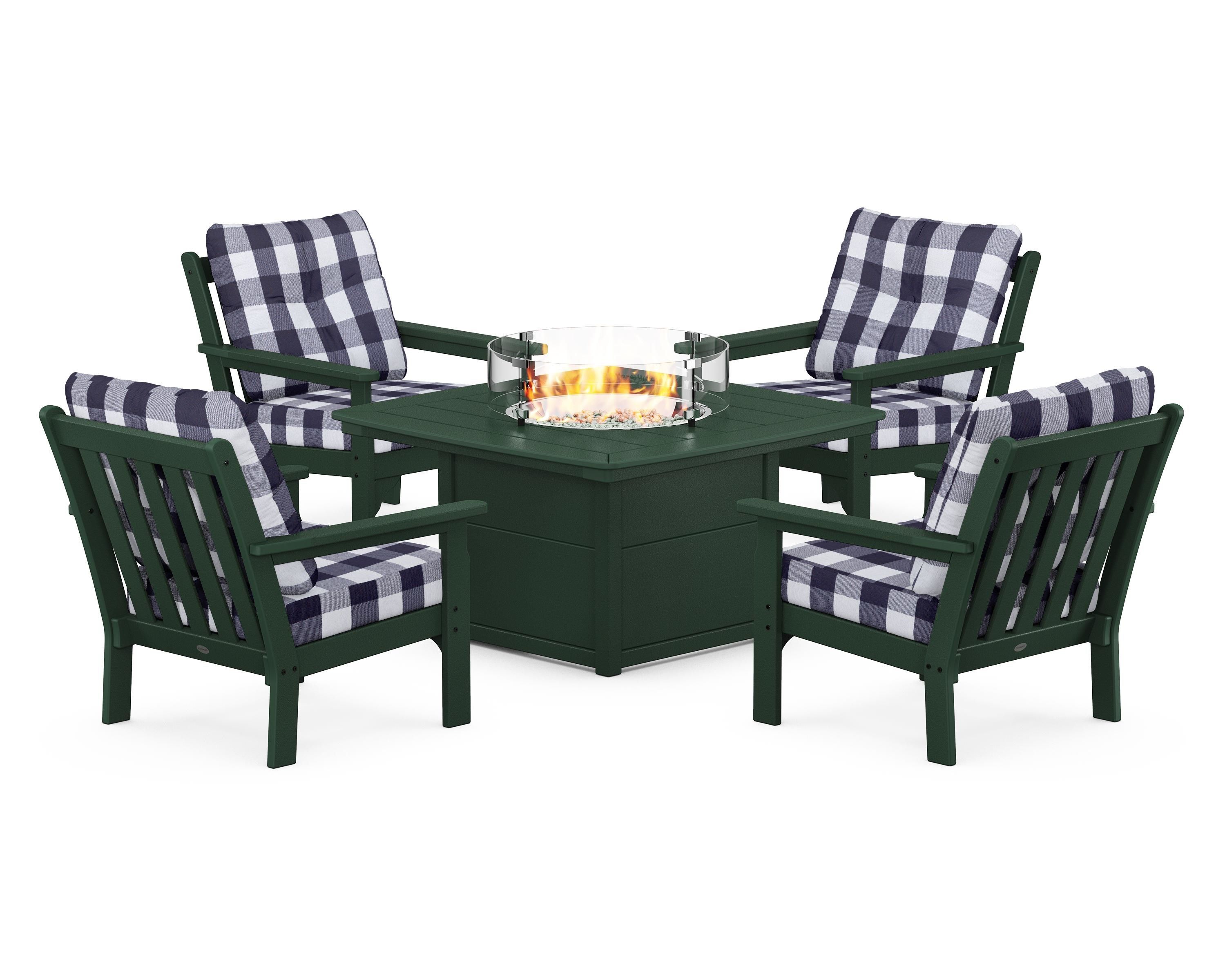 POLYWOOD® Vineyard 5-Piece Conversation Set with Fire Pit Table in Green / Buffalo Plaid Navy