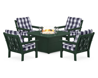 POLYWOOD® Vineyard 5-Piece Conversation Set with Fire Pit Table in Green / Buffalo Plaid Navy