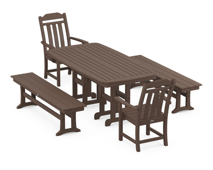 Country Living Cottage 5-Piece Dining Set with Benches in Mahogany