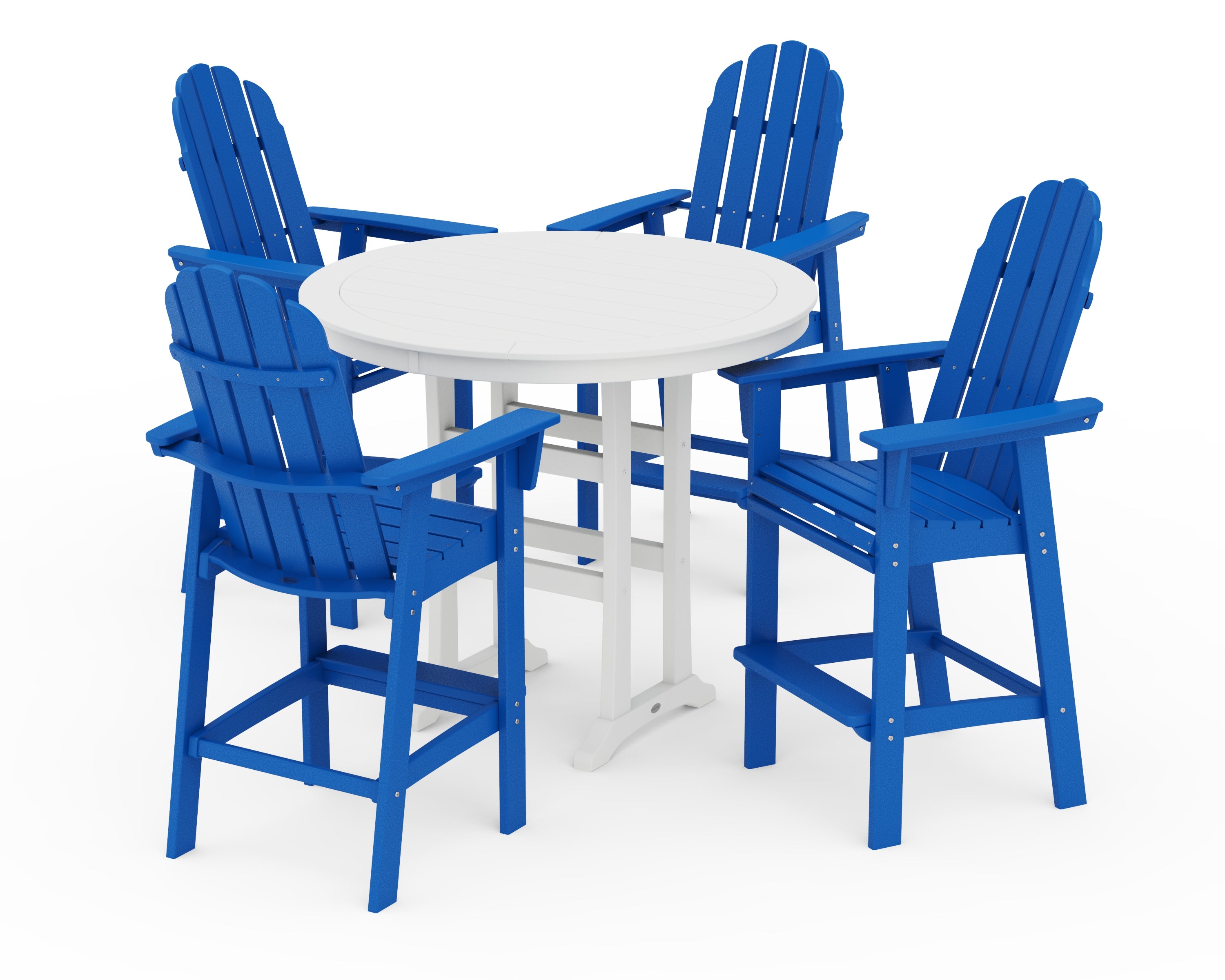 POLYWOOD® Vineyard Curveback Adirondack 5-Piece Nautical Trestle Bar Set in Pacific Blue / White