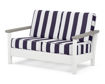 POLYWOOD® Harbour Deep Seating Loveseat in White / Driftwood / Cabana Stripe Navy