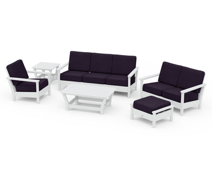 POLYWOOD® Harbour 6-Piece Outdoor Living Set in White / Navy Linen