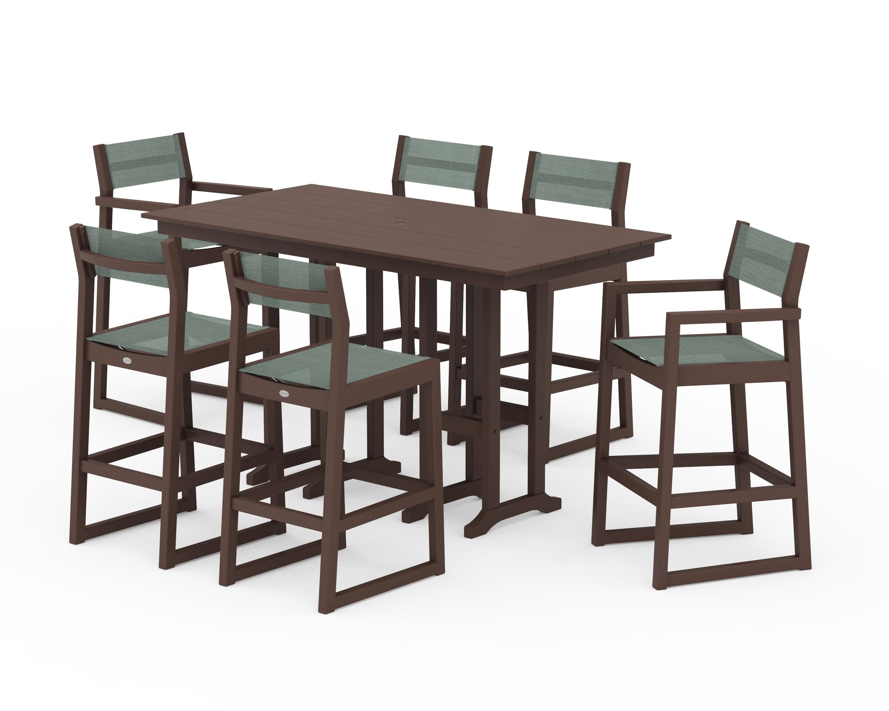 POLYWOOD® EDGE Sling 7-Piece Farmhouse Bar Set in Mahogany / Dupioni Sea Mist Sling