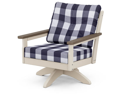 POLYWOOD® Vineyard Deep Seating Swivel Chair in Sand / Kona / Buffalo Plaid Navy