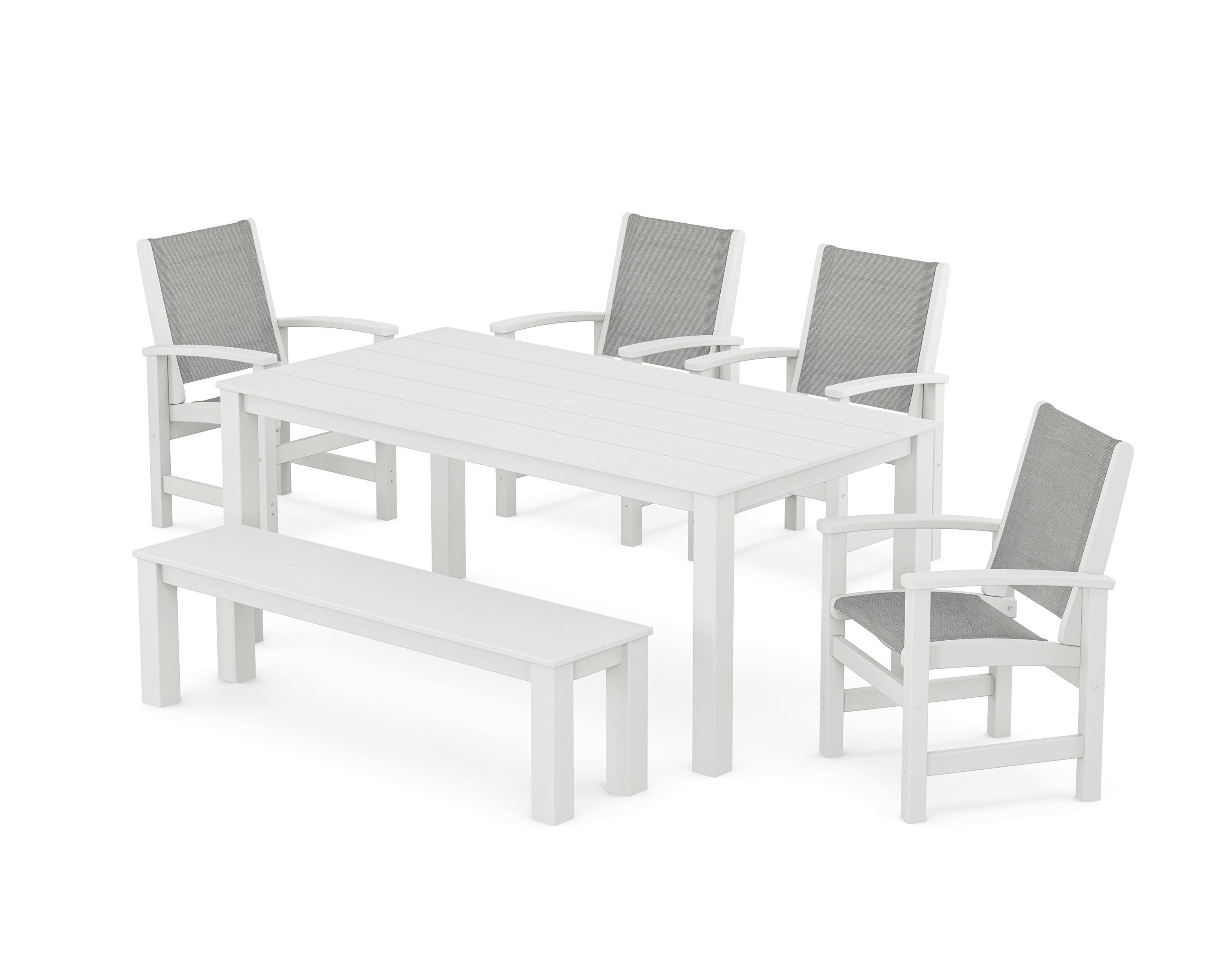 POLYWOOD® Coastal 6-Piece Parsons Dining Set with Bench in White / Metallic Sling