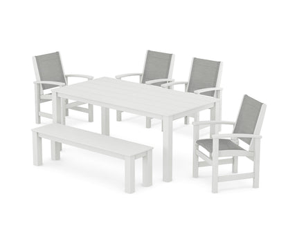 POLYWOOD® Coastal 6-Piece Parsons Dining Set with Bench in White / Metallic Sling