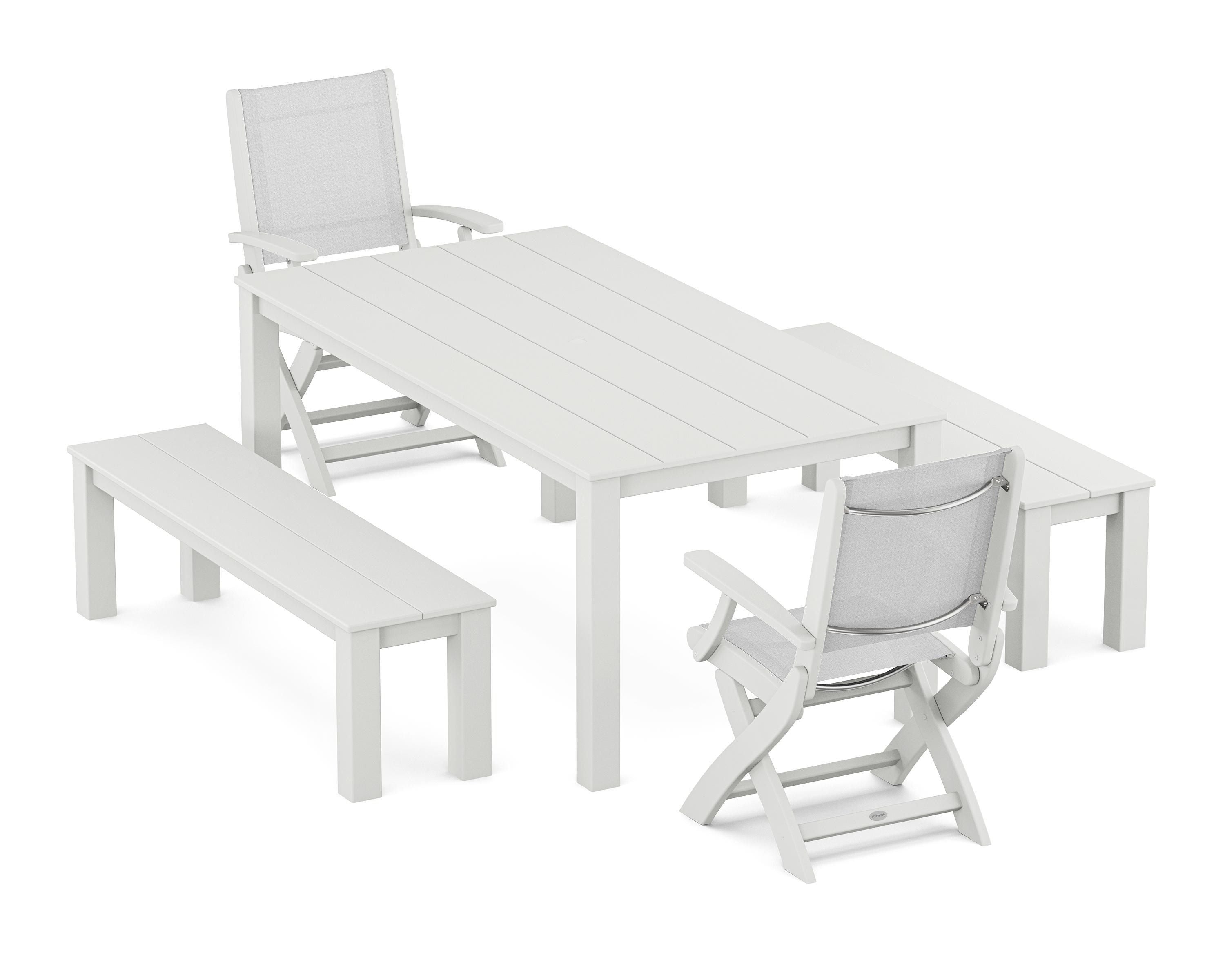 POLYWOOD® Coastal Folding Chair 5-Piece Parsons Dining Set with Benches in White / White Sling