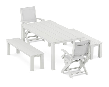 POLYWOOD® Coastal Folding Chair 5-Piece Parsons Dining Set with Benches in White / White Sling
