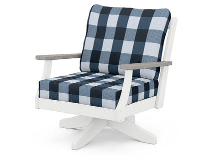 POLYWOOD® Braxton Deep Seating Swivel Chair in White / Driftwood / Buffalo Plaid Marine Indigo