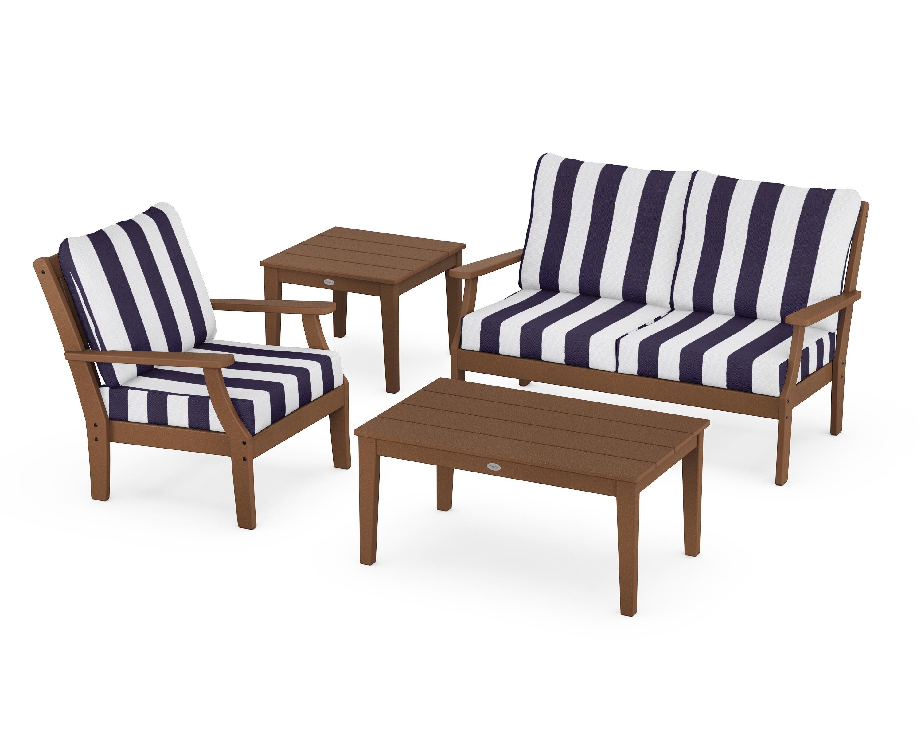 POLYWOOD® Braxton 4-Piece Deep Seating Set in Teak / Cabana Stripe Navy