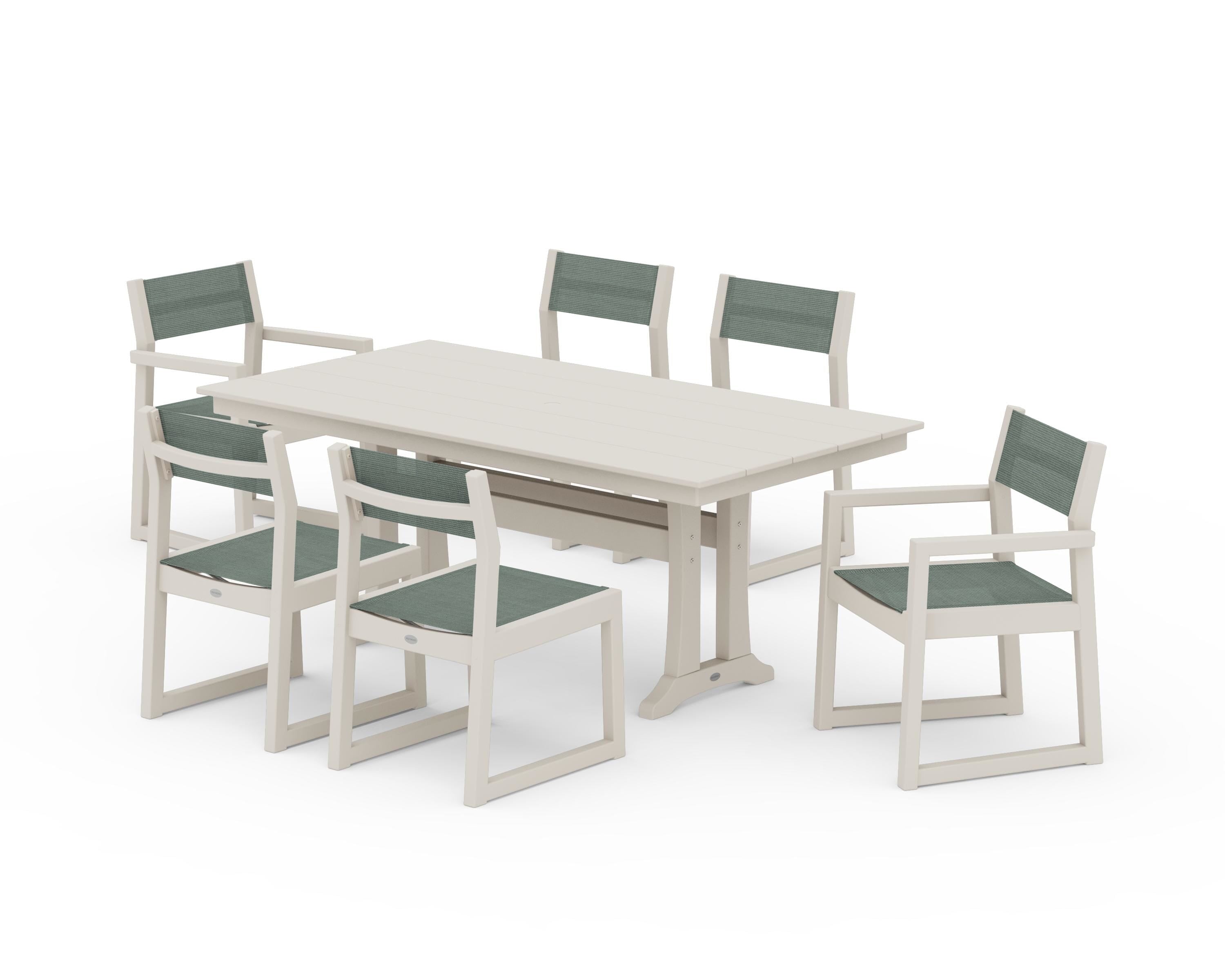 POLYWOOD® EDGE Sling 7-Piece Farmhouse Trestle Dining Set in Sand / Dupioni Sea Mist Sling
