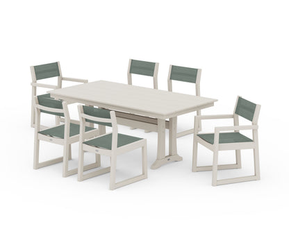 POLYWOOD® EDGE Sling 7-Piece Farmhouse Trestle Dining Set in Sand / Dupioni Sea Mist Sling