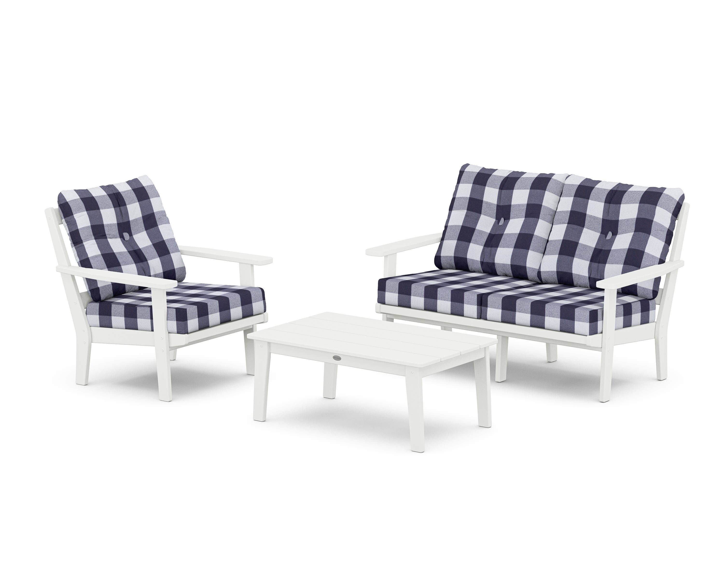 POLYWOOD® Oxford 3-Piece Deep Seating Set with Loveseat in White / Buffalo Plaid Navy