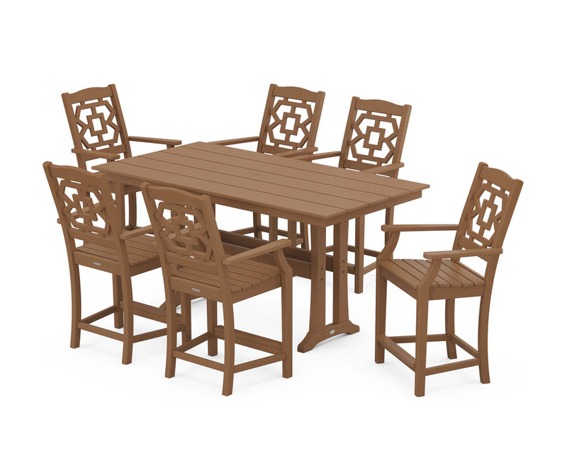 Chinoiserie Arm Chair 7-Piece Farmhouse Counter Set with Trestle Legs
