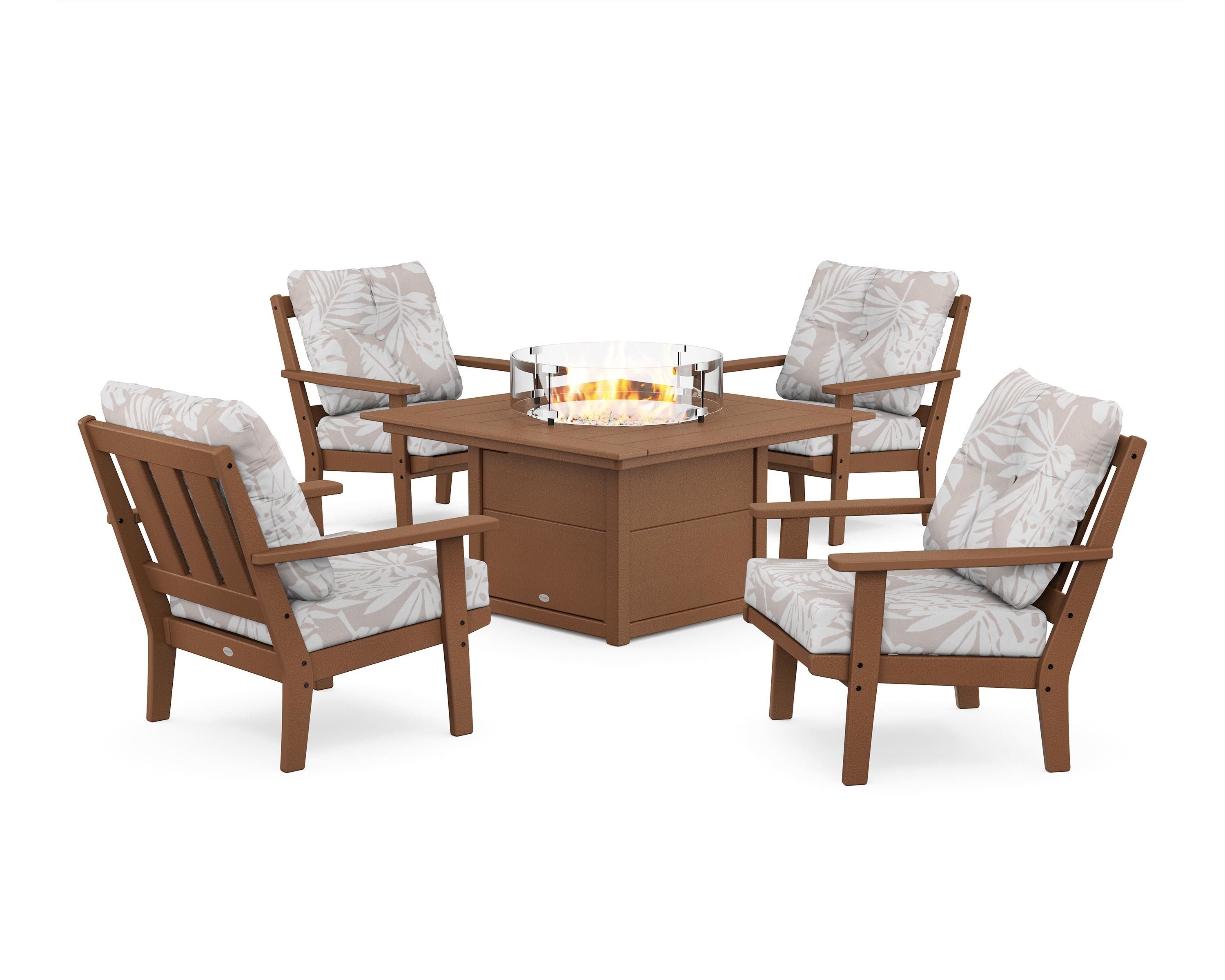 POLYWOOD® Oxford 5-Piece Deep Seating Set with Fire Pit Table in Teak / Leaf Dune Burlap