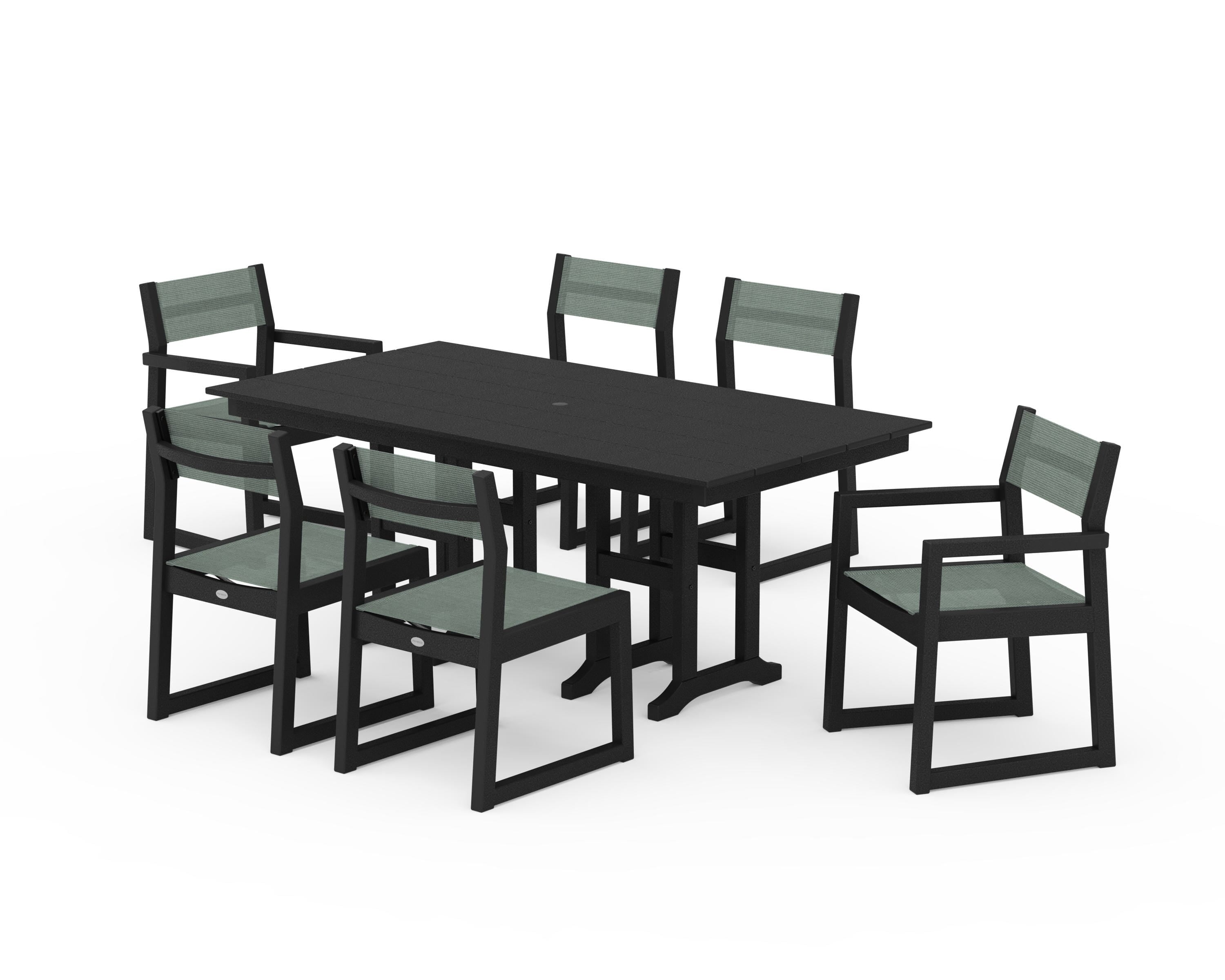 POLYWOOD® EDGE Sling 7-Piece Farmhouse Dining Set in Black / Dupioni Sea Mist Sling