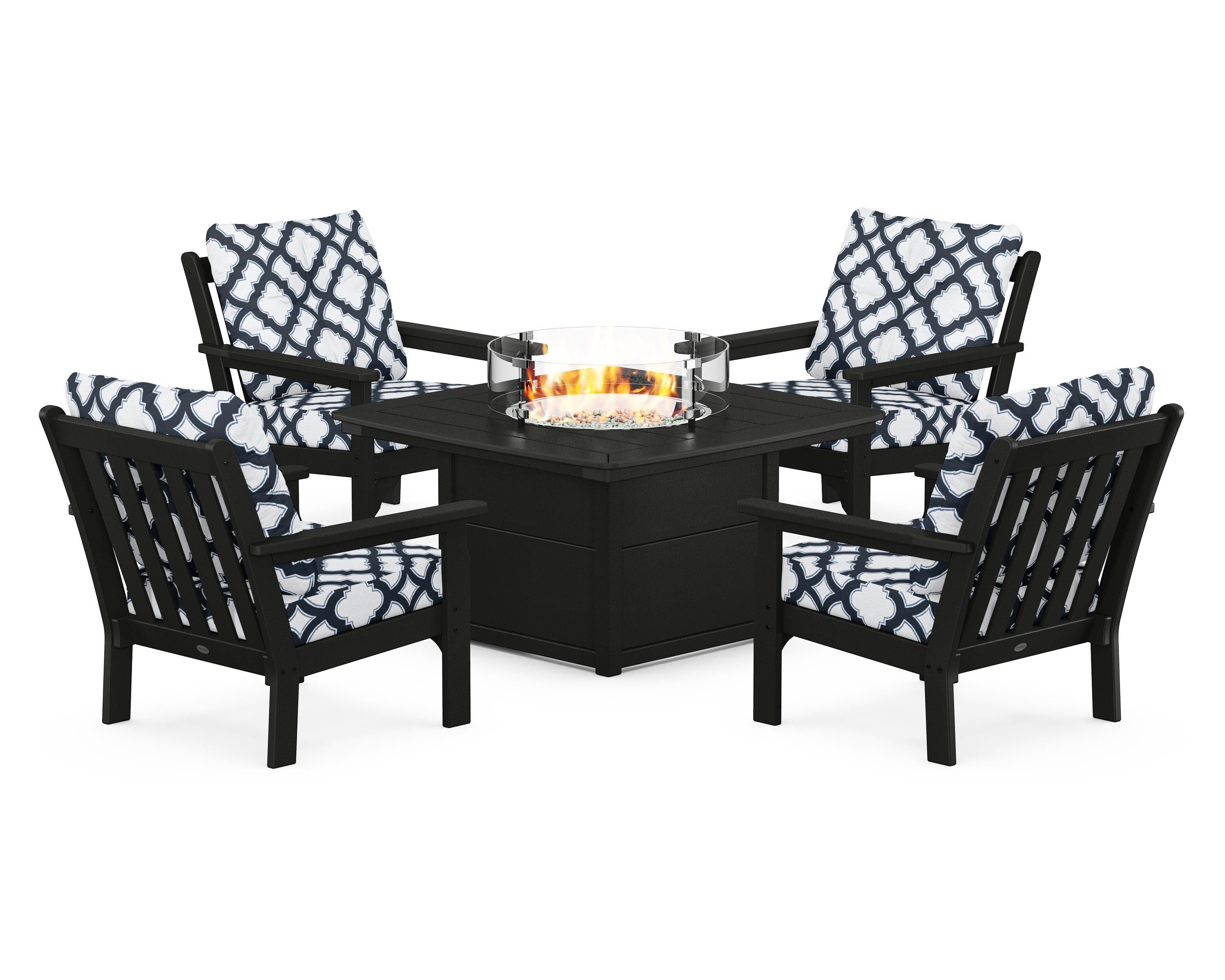 POLYWOOD® Vineyard 5-Piece Conversation Set with Fire Pit Table in Black / Trellis Marine Indigo