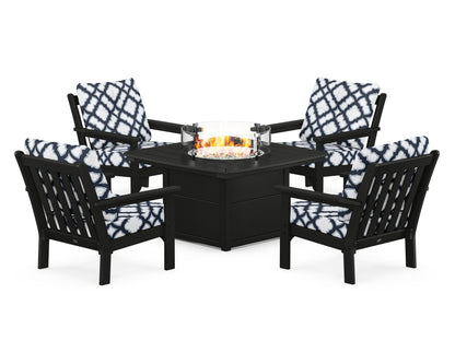 POLYWOOD® Vineyard 5-Piece Conversation Set with Fire Pit Table in Black / Trellis Marine Indigo