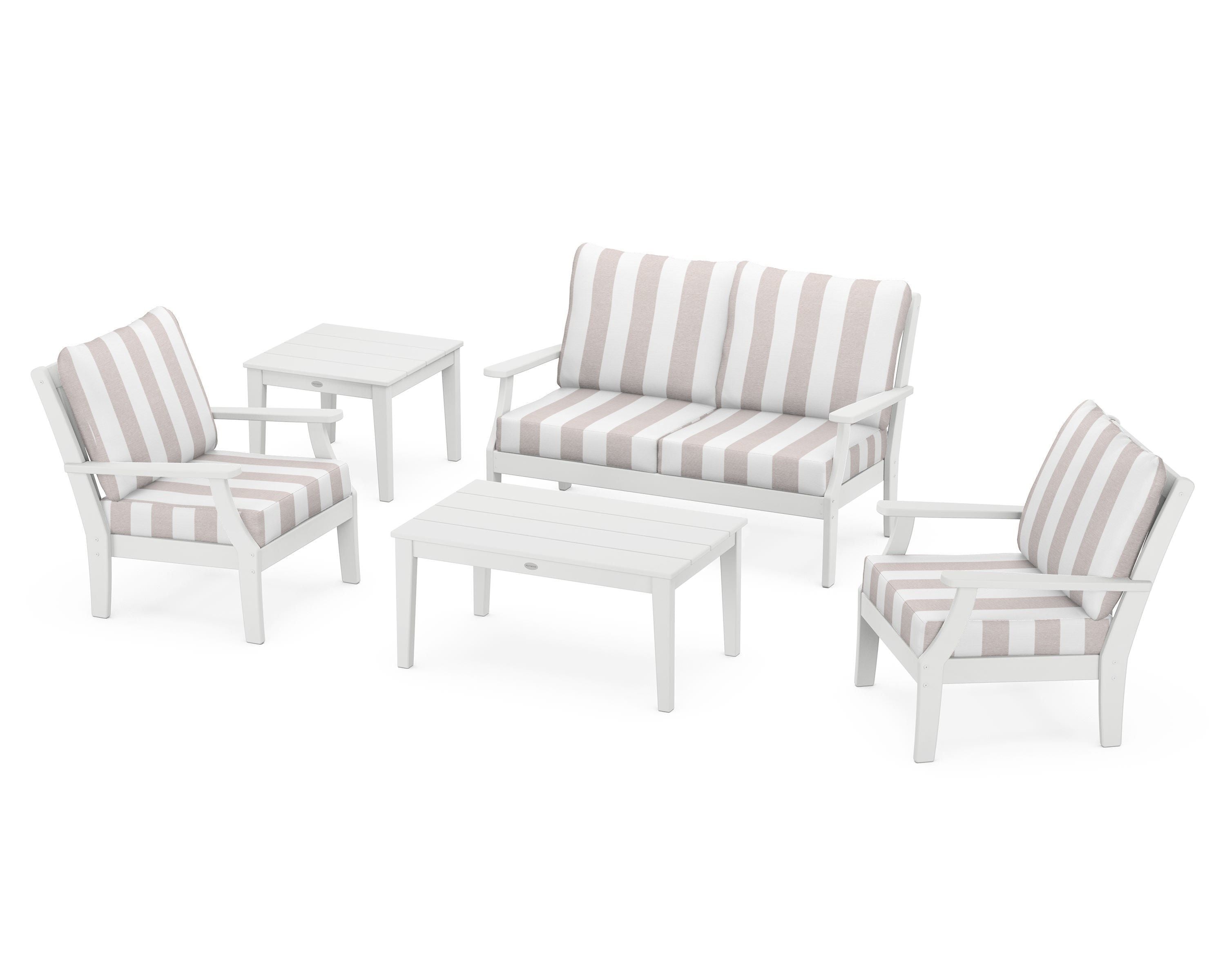POLYWOOD® Braxton 5-Piece Deep Seating Set in White / Cabana Stripe Dune Burlap