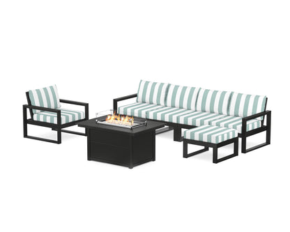 POLYWOOD® EDGE Sectional Lounge and Fire Pit Set in Black / Cabana Stripe Glacier Spa
