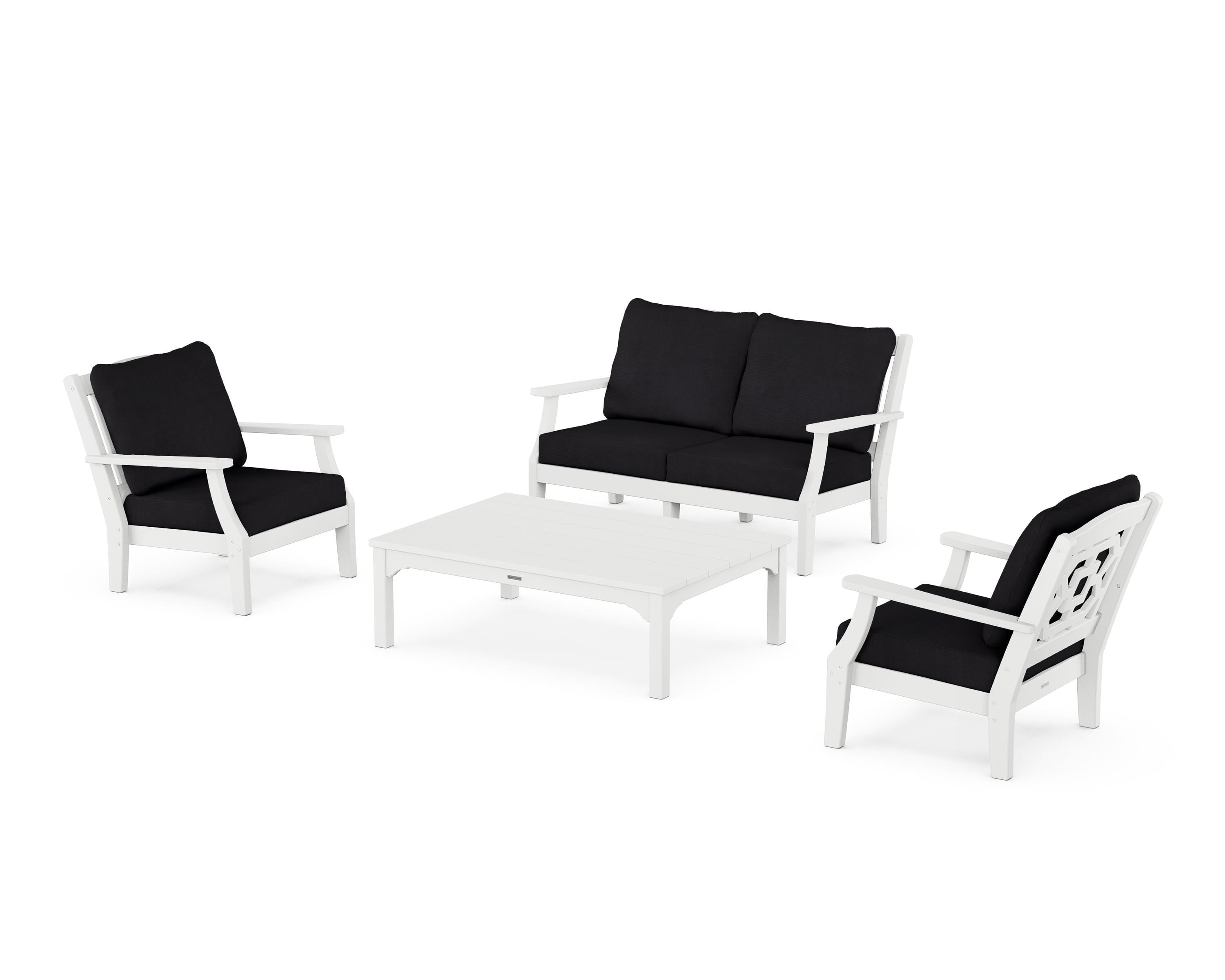 Martha Stewart by POLYWOOD® Chinoiserie 4-Piece Deep Seating Set with Loveseat in White / Midnight Linen