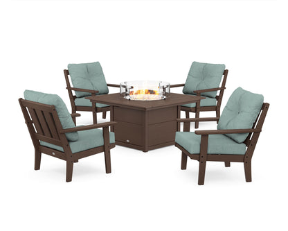 POLYWOOD® Oxford 5-Piece Deep Seating Set with Fire Pit Table in Mahogany / Glacier Spa