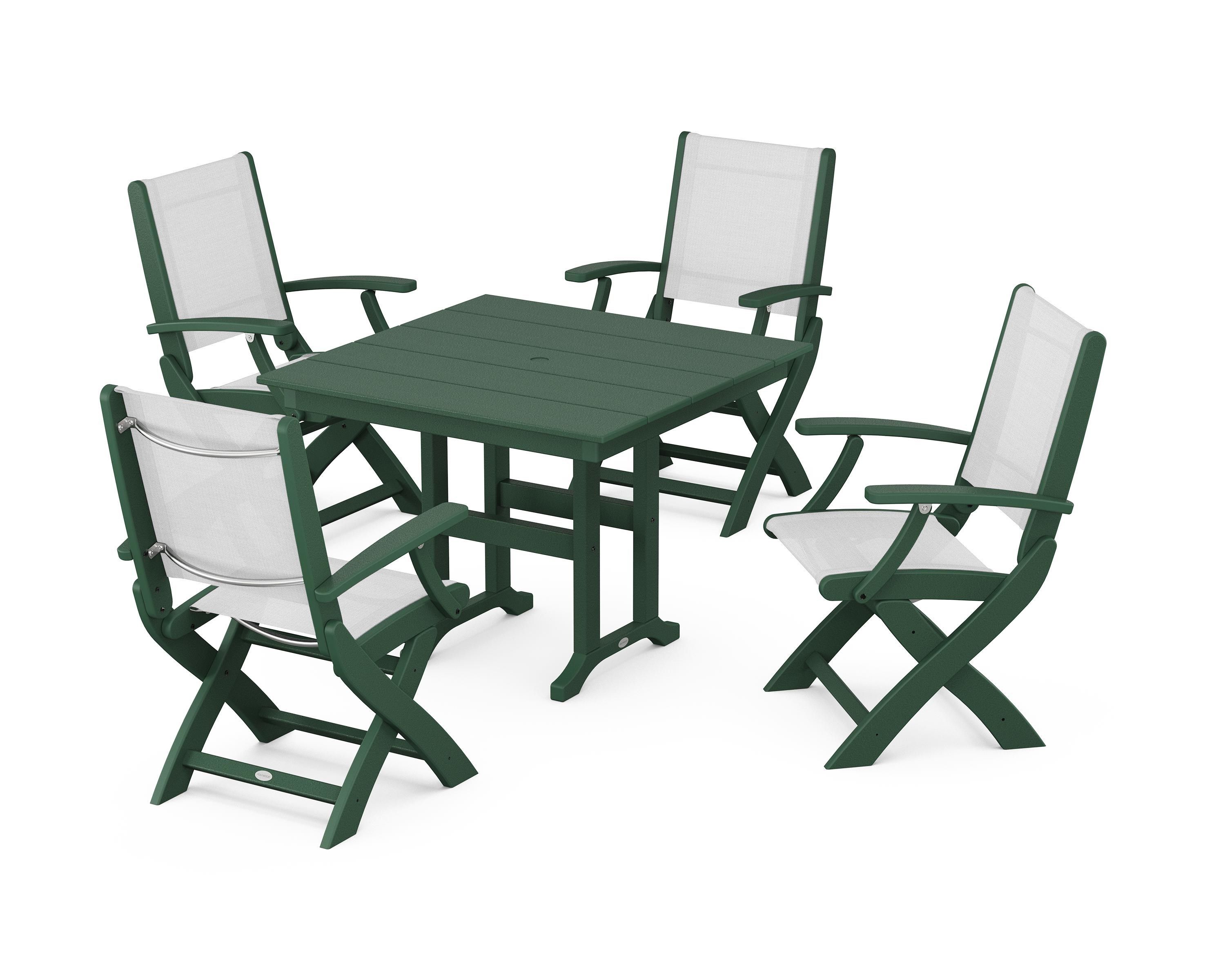 POLYWOOD® Coastal Folding Chair 5-Piece Farmhouse Dining Set in Green / White Sling