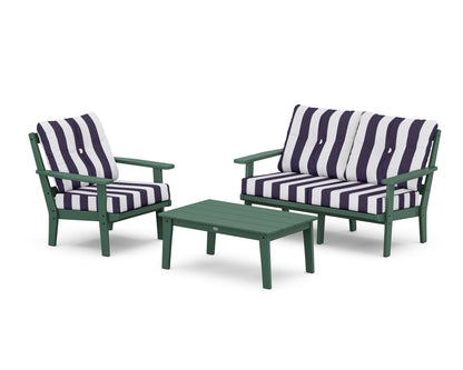 POLYWOOD® Oxford 3-Piece Deep Seating Set with Loveseat in Green / Cabana Stripe Navy