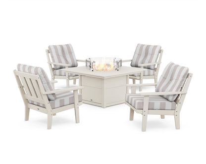 POLYWOOD® Oxford 5-Piece Deep Seating Set with Fire Pit Table in Sand / Cabana Stripe Dune Burlap