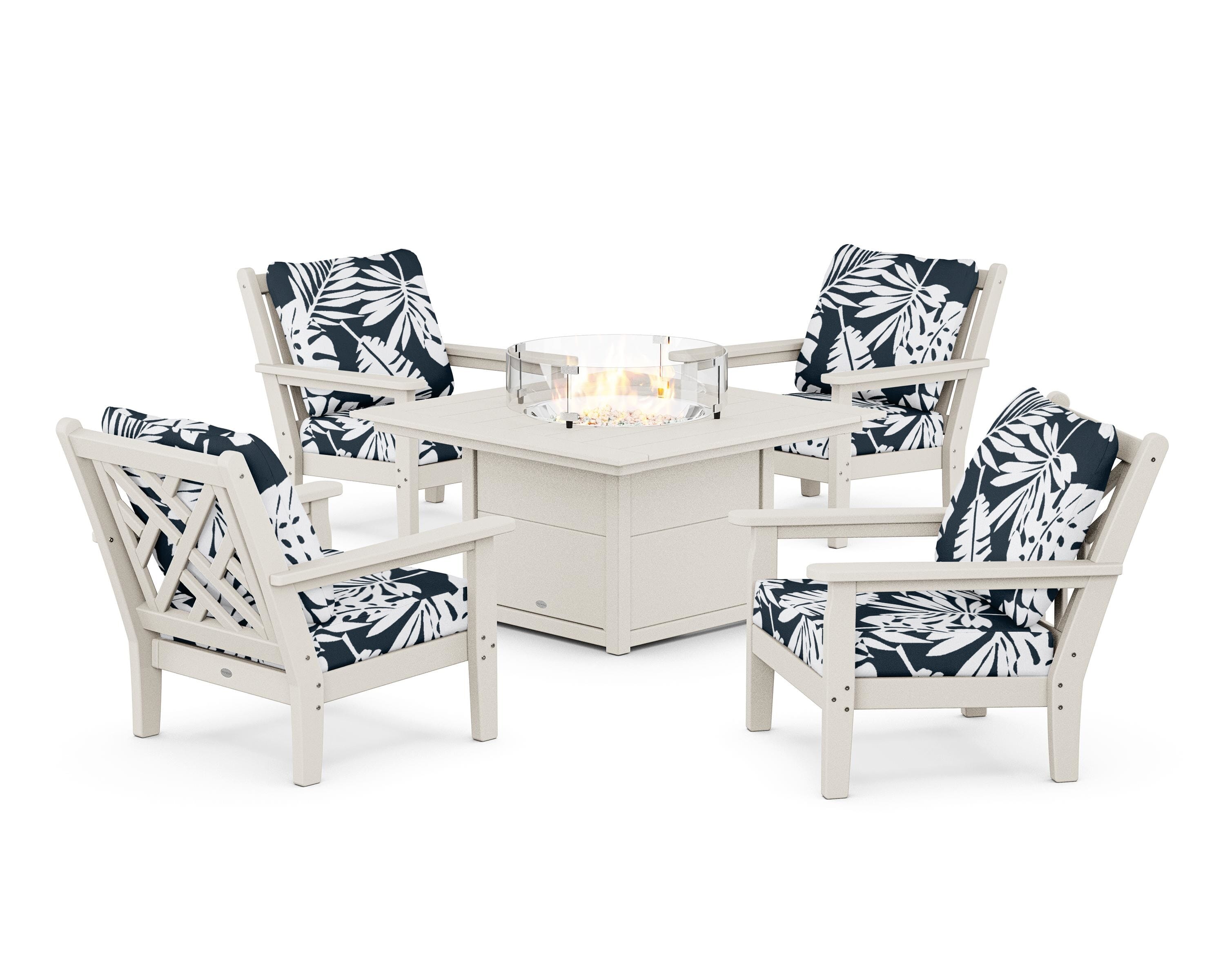 POLYWOOD® Chippendale 5-Piece Deep Seating Set with Fire Pit Table in Sand / Leaf Marine Indigo