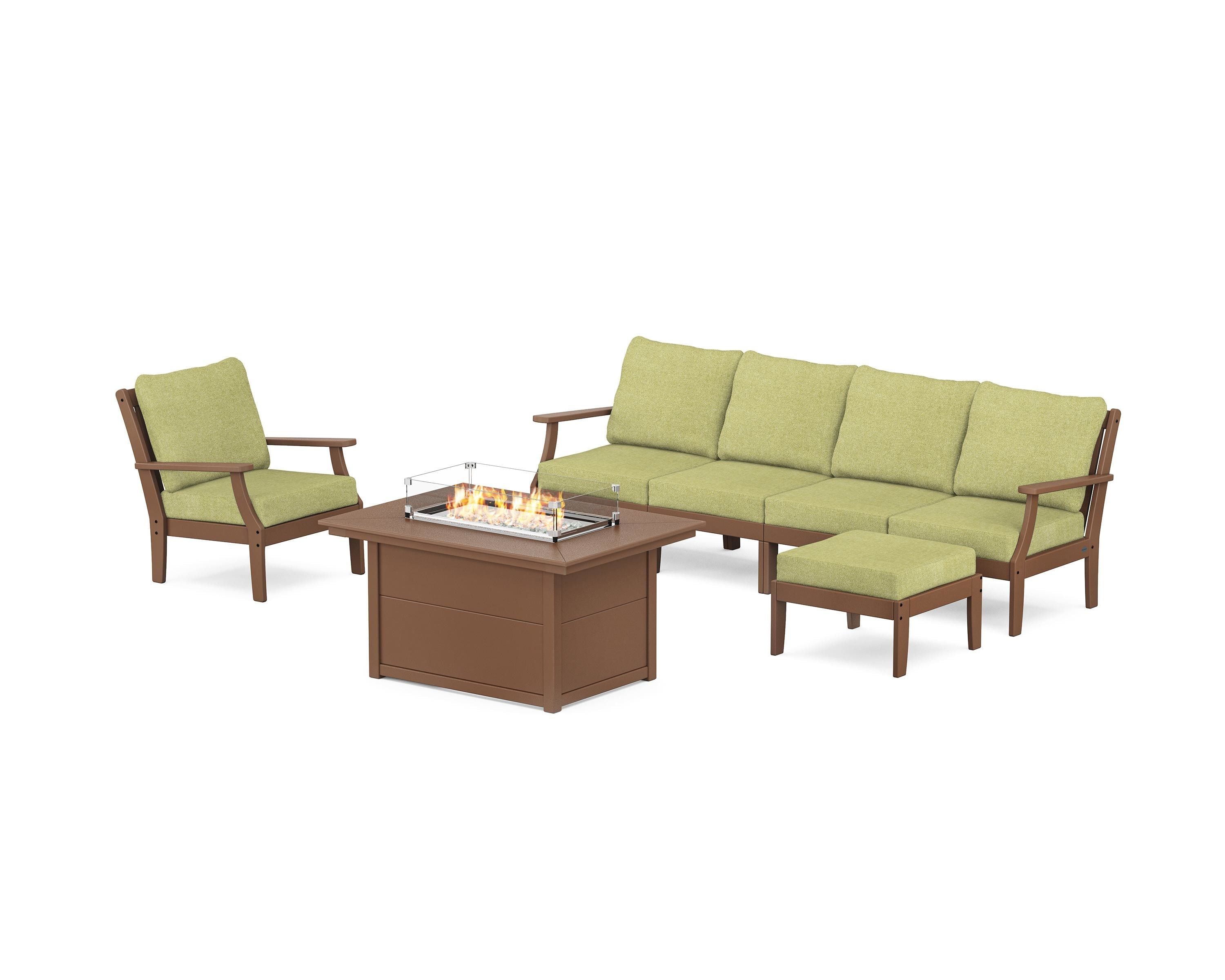 POLYWOOD® Braxton Sectional Lounge and Fire Pit Set in Teak / Chartreuse Boucle