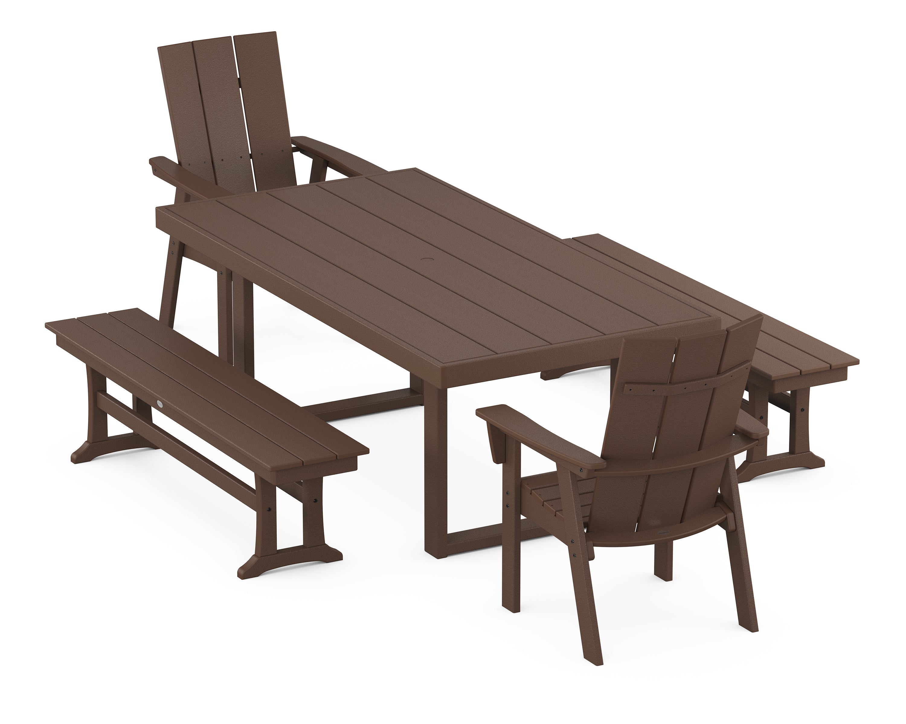 POLYWOOD® Modern Curveback Adirondack 5-Piece Dining Set with Benches in Mahogany