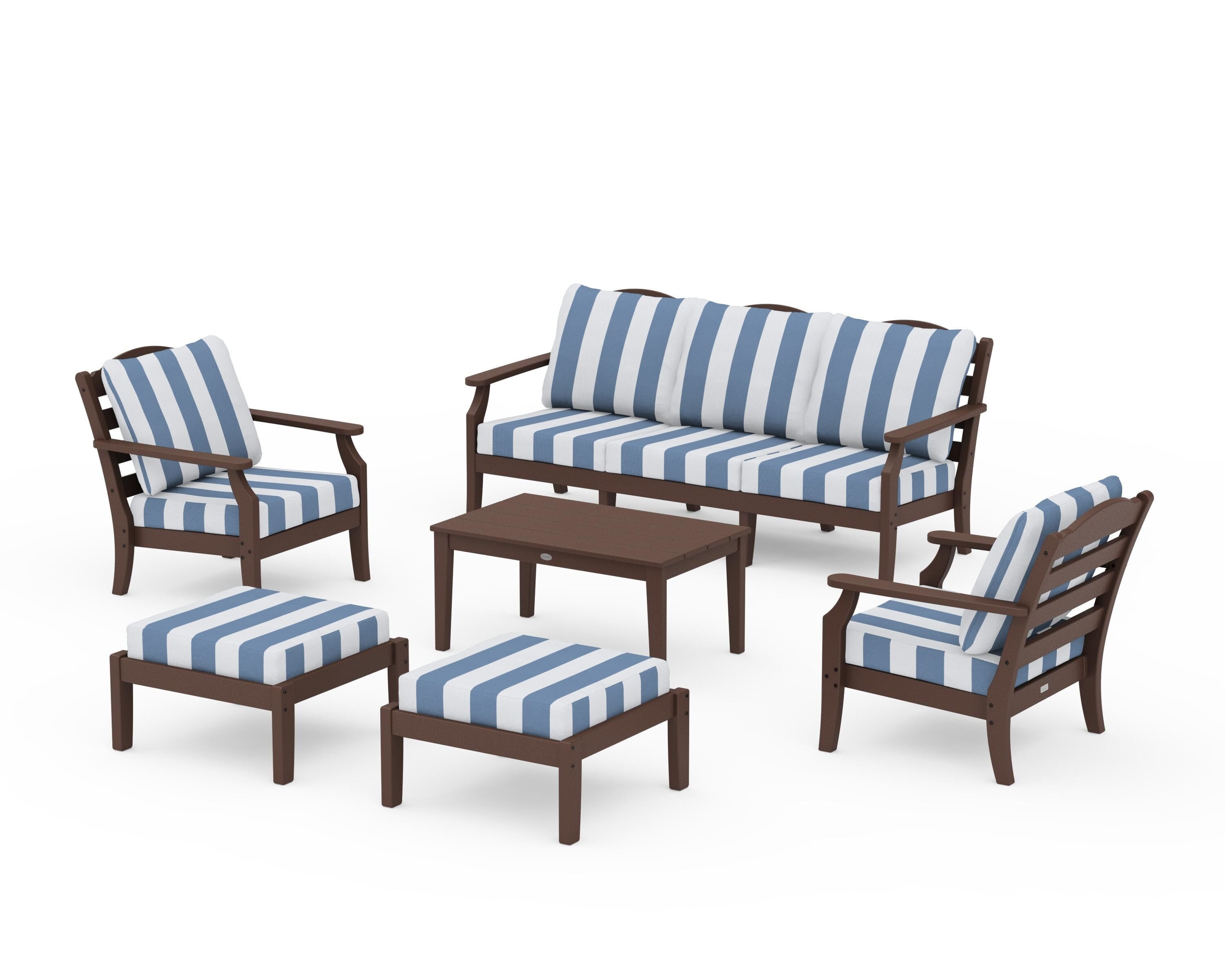 Draper James™ by  POLYWOOD® Savannah 6-Piece Lounge Sofa Set in Mahogany / Cabana Stripe Sky Blue