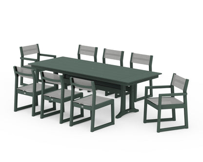 POLYWOOD® EDGE Sling 9-Piece Farmhouse Trestle Dining Set in Green / Metallic Sling