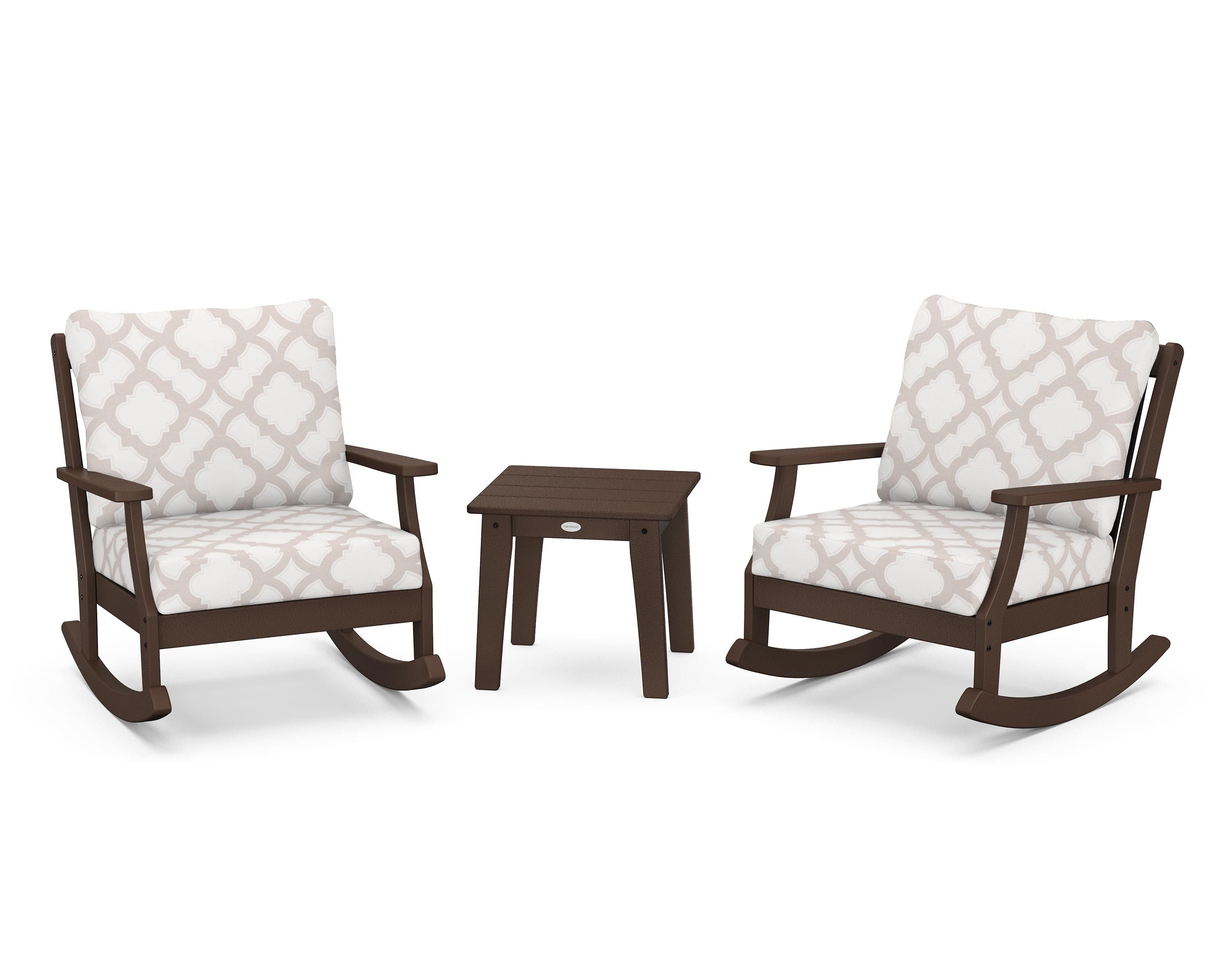POLYWOOD® Braxton 3-Piece Deep Seating Rocker Set in Mahogany / Trellis Dune Burlap