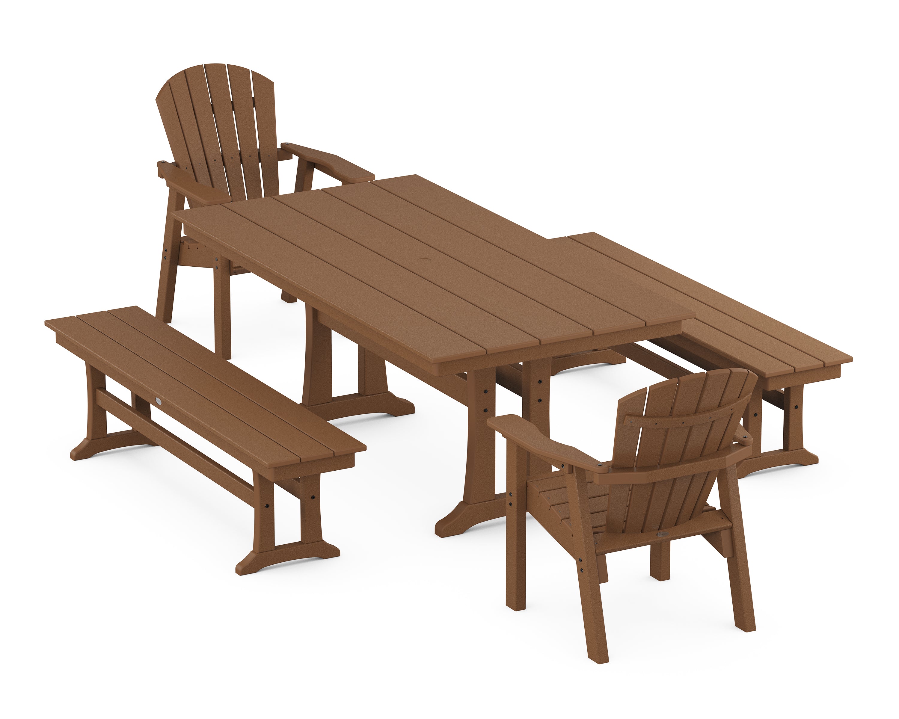 POLYWOOD® Seashell 5-Piece Farmhouse Dining Set With Trestle Legs in Teak