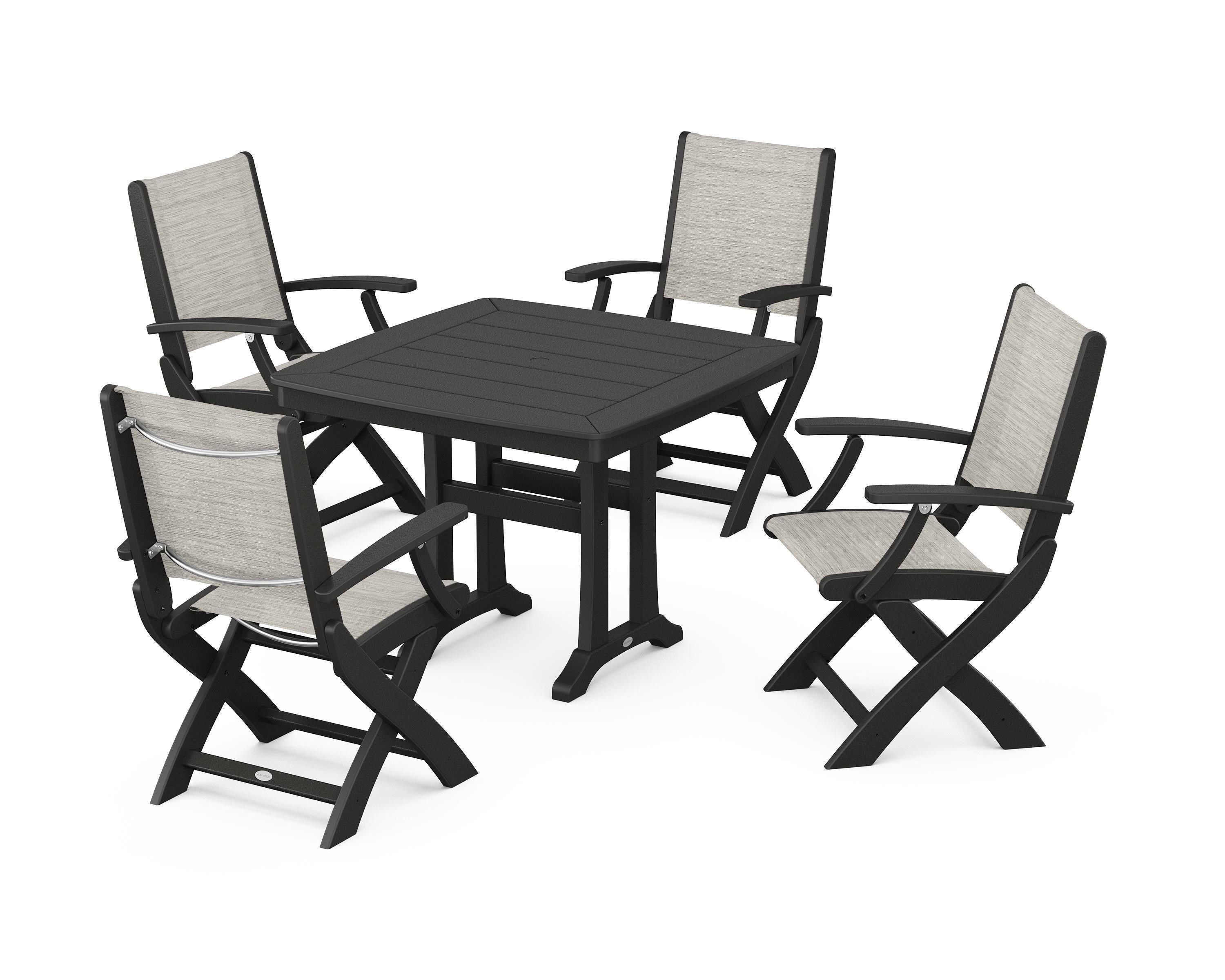 POLYWOOD® Coastal Folding Chair 5-Piece Dining Set with Trestle Legs in Black / Birch Sling