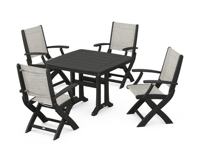 POLYWOOD® Coastal Folding Chair 5-Piece Dining Set with Trestle Legs in Black / Birch Sling