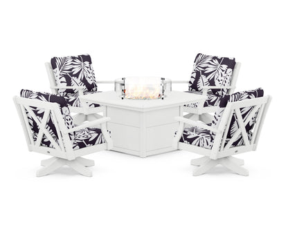 POLYWOOD® Braxton 5-Piece Deep Seating Swivel Conversation Set with Fire Pit Table in White / Leaf Navy
