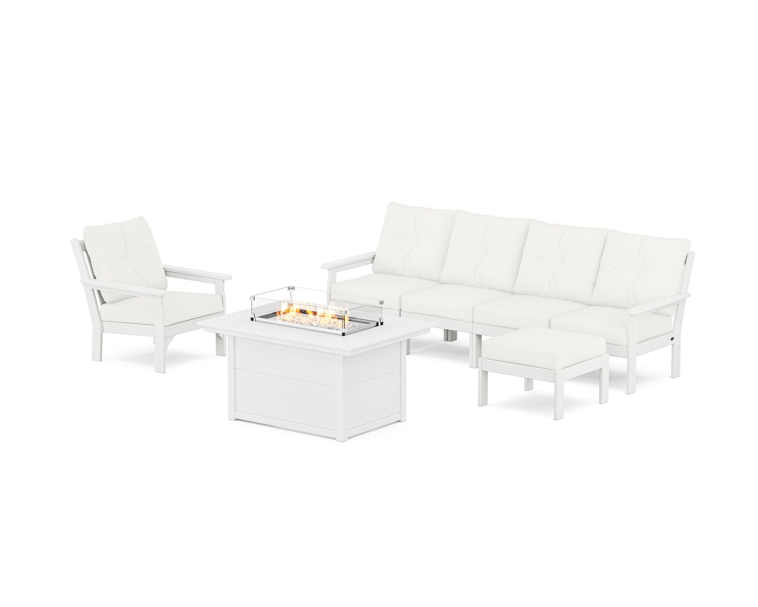 POLYWOOD® Vineyard Sectional Lounge and Fire Pit Set in White / Natural Linen